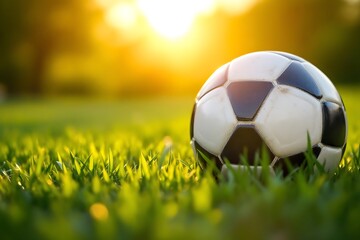 Soccer ball resting on green grass in a sunny outdoor field during golden hour