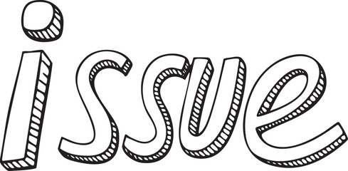 A stylized word 'issue' is presented with a circular ornament and outlined edges.