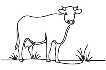 Beautiful cow in farm landscape line art illustration