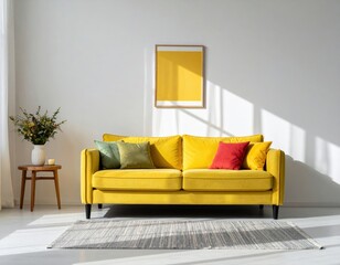 Minimalist home interior design of modern Living Roomoom with a yellow sofa adorned with colorf