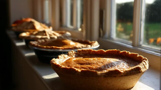 A row of freshly baked pumpkin pies sitting on a sunlit windowsill, highlighting the inviting golden crust and warm autumn atmosphere of homemade desserts.
