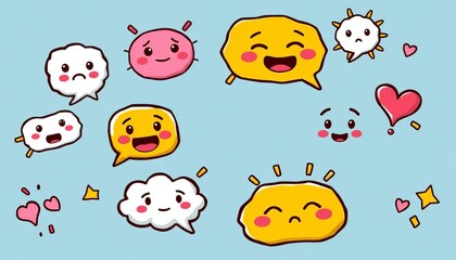 Fototapeta premium Cute anime-style comic doodle speech bubbles with various emotional expressions and effects, kawaii, whimsical