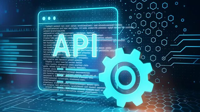 API Interface with Code Window and Gear Icon Representing Software Integration, Automation, and Developer Programming

