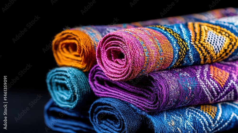 Poster a beautiful stack of colorful woven fabric displaying intricate patterns and textures under light