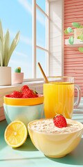 A bright breakfast scene with orange juice, oatmeal, fresh fruits, and a cozy indoor light near the window.