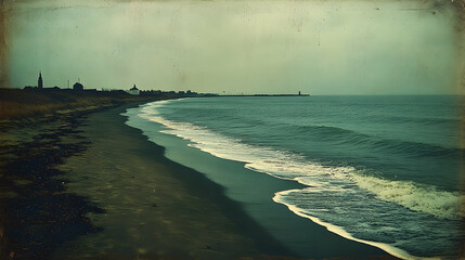 Fototapeta premium Serene coastal scene a tranquil beach stretches towards a distant town under a muted sky, gentle waves lapping the shore
