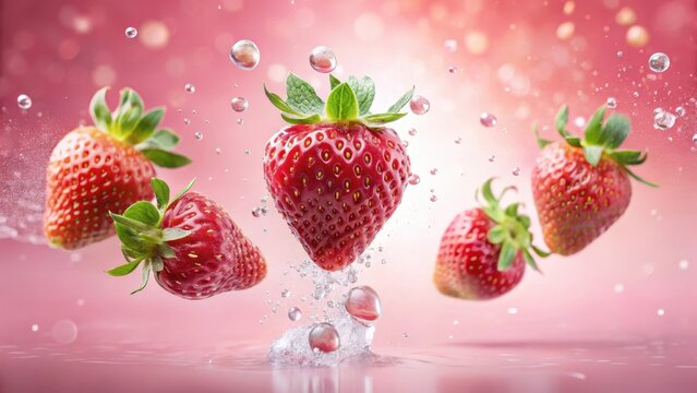 Fresh strawberries floating gently on a soft pink background with subtle dew drops, exuding a sense of springtime freshness