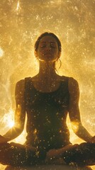Fototapeta premium Inner Peace, Golden Aura: A serene woman finds solace and tranquility in meditation, enveloped in a radiant golden aura. This captivating image symbolizes spiritual growth and inner peace.