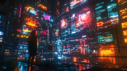 Futuristic cityscape illuminated by vibrant digital displays.