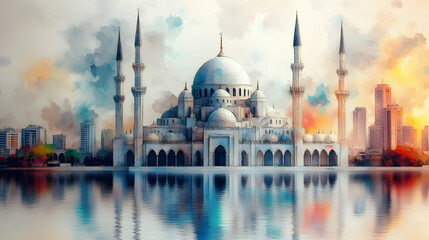 A stunning artistic depiction of a mosque, reflected in calm waters, amidst a cityscape.  Soft color palette evokes a serene atmosphere