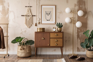 A cozy interior design scene featuring a blend of natural and modern elements, captured with soft, diffused lighting that enhances the textures and colors