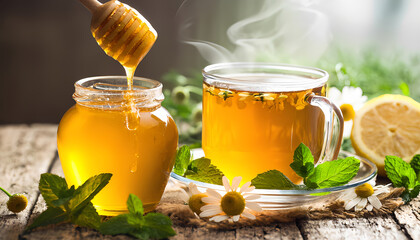 Honey and Herbal tea on wooden background - summer, health and organic food concept