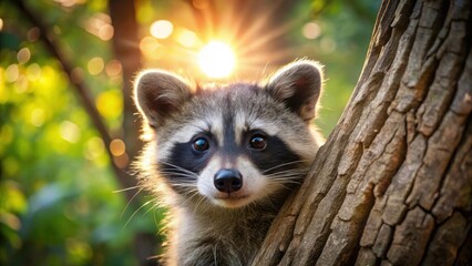 A cute raccoon peeking out from behind a tree branch with sunlight filtering through its fur, nature