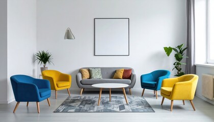 Minimalist interior design of modern Living Roomoom with vibrant colorful multicolored armchair