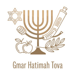 Traditional gmar hatimah tova design featuring jewish symbols and seasonal elements in bronze