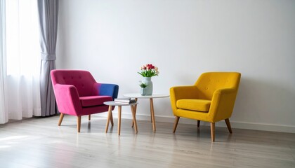 Minimalist interior design of modern Living Roomoom with vibrant colorful multicolored armchair