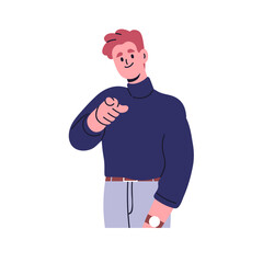 Man smiling, pointing at you. Friendly male with finger gesture, looking forward, inviting, selecting, electing candidate, picking, choosing. Flat vector illustration isolated on white background