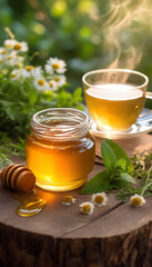 Honey and Herbal tea on wooden background - summer, health and organic food concept