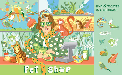 Come to our pet shop and choose a pet. Find 9 objects in the picture. Educational game for children. Cartoon vector illustration