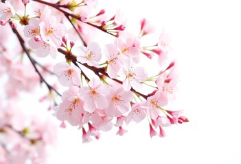 Obraz premium Delicate pink cherry blossoms in full bloom against a pure white background Perfect for spring themes, flora, wallpaper