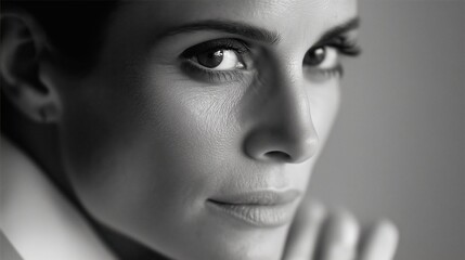 Fototapeta premium Black and white close-up of a woman's face in dramatic lighting, emphasizing texture, emotion and artistic aesthetics.