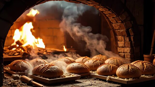 Freshly baked bread rises in a traditional brick oven, the fire burns and steam rises