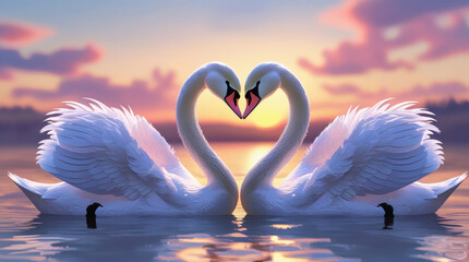 Two swans making a heart shape, Sunset landscape, Generative AI Digital Illustration
