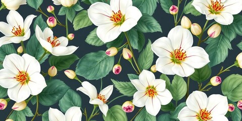 Delicate white eustoma blossoms & greenery watercolor botanical pattern, flowers, illustration