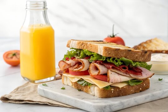 sandwich with tometo and cheese, juice on white background