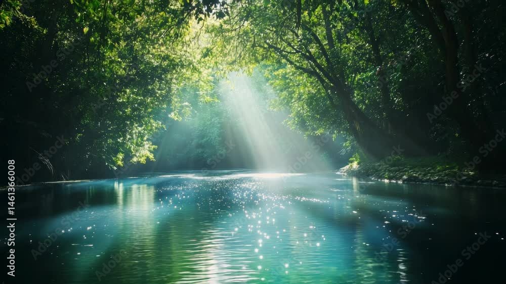 Poster sunbeams illuminating a calm river meandering through a lush forest create a magical atmosphere fill
