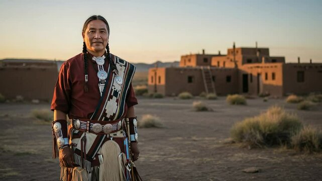 Indigenous American man in traditional attire standing proudly in front of adobe structures during sunset, showcasing cultural heritage and history.