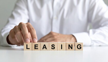 Businessman placing leasing cubes office environment asset management concept professional viewpoint