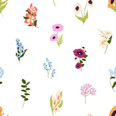 Endless background of different flowers with leaves. Repeatable pattern of cut branches of summer wildflowers, bloom meadow plants, calla lily, forget me not. Flat seamless vector illustration