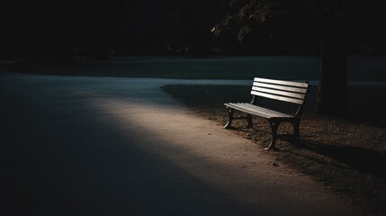 single empty park bench sits under tall tree casting long shadows on paved path with plenty of copy space