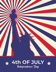 Usa liberty statue sunburst background. Vector illustration