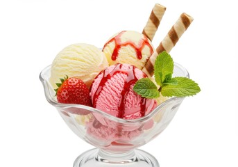 Ice cream sundae with strawberry sauce, wafer sticks and mint in a glass bowl