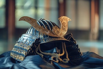 A vintage samurai helmet, decorated with gold accents.