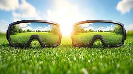 Pair of mirrored ski goggles reflecting a landscape scene.