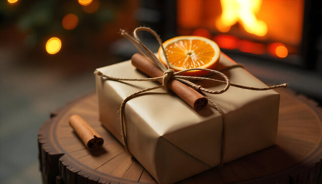Holiday gift box decorated with cinnamon and orange slice