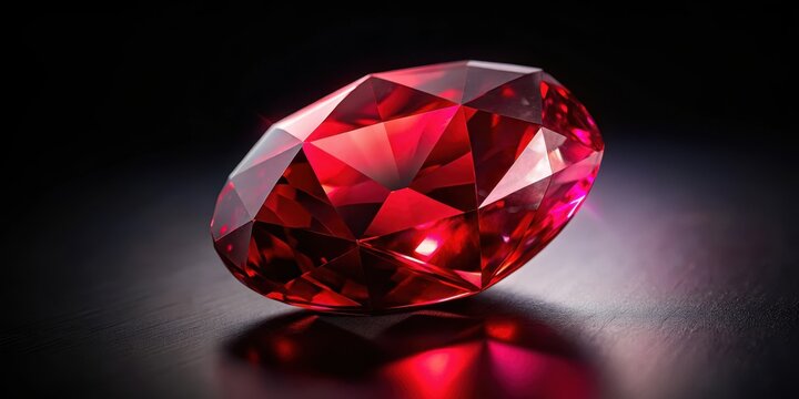 Deep red ruby gemstone on a sleek black background, showcasing its vibrant color and clarity