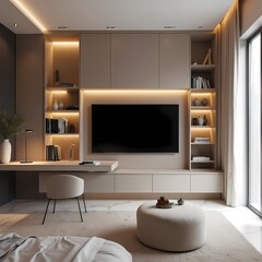 Fototapeta premium This modern living room interior features a flat screen television above a fireplace, complemented by stylish furniture in a comfortable home design