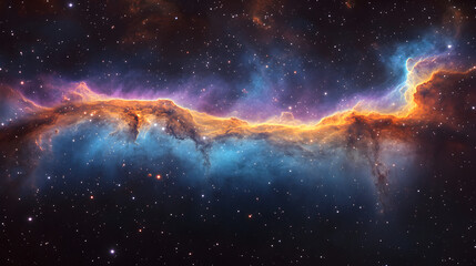 Expansive cosmic nebula with vivid blue, purple, and orange light in deep space