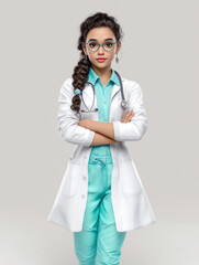 A young woman in a white lab coat and blue pants stands with her arms crossed