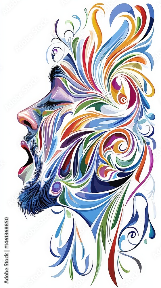 Poster Striking lion with colorful swirls and patterns set against a bold background for artistic expression