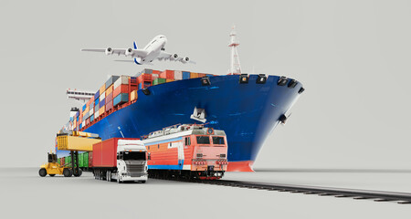 Global Transportation Concept with Cargo Ship, Train, Truck, Forklift, and Airplane..