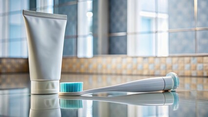 A toothbrush lies next to a tube of toothpaste on a bathroom counter with a mirror in the reflection, hygiene