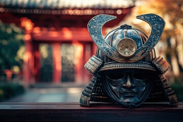 Detailed samurai helmet, historical backdrop.