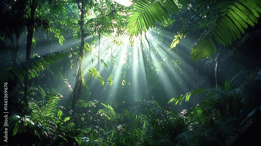 Aufkleber lush jungle scene with sunlight streaming through trees creating a serene and enchanting natural env