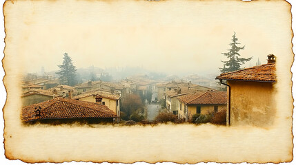 Obraz premium Old-fashioned view of a quaint European town, shrouded in a misty atmosphere