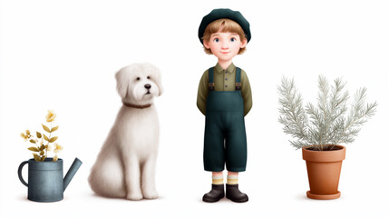 A boy stands between a white dog and a potted plant